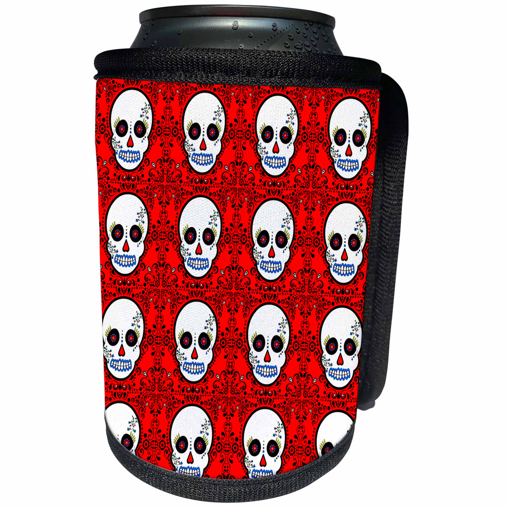 3dRose Janna Salak Designs Day of the Dead - Day of the Dead Skull Día de los Muertos Sugar Skull Print White Red - Can Cooler Bottle Wrap (cc_28883)