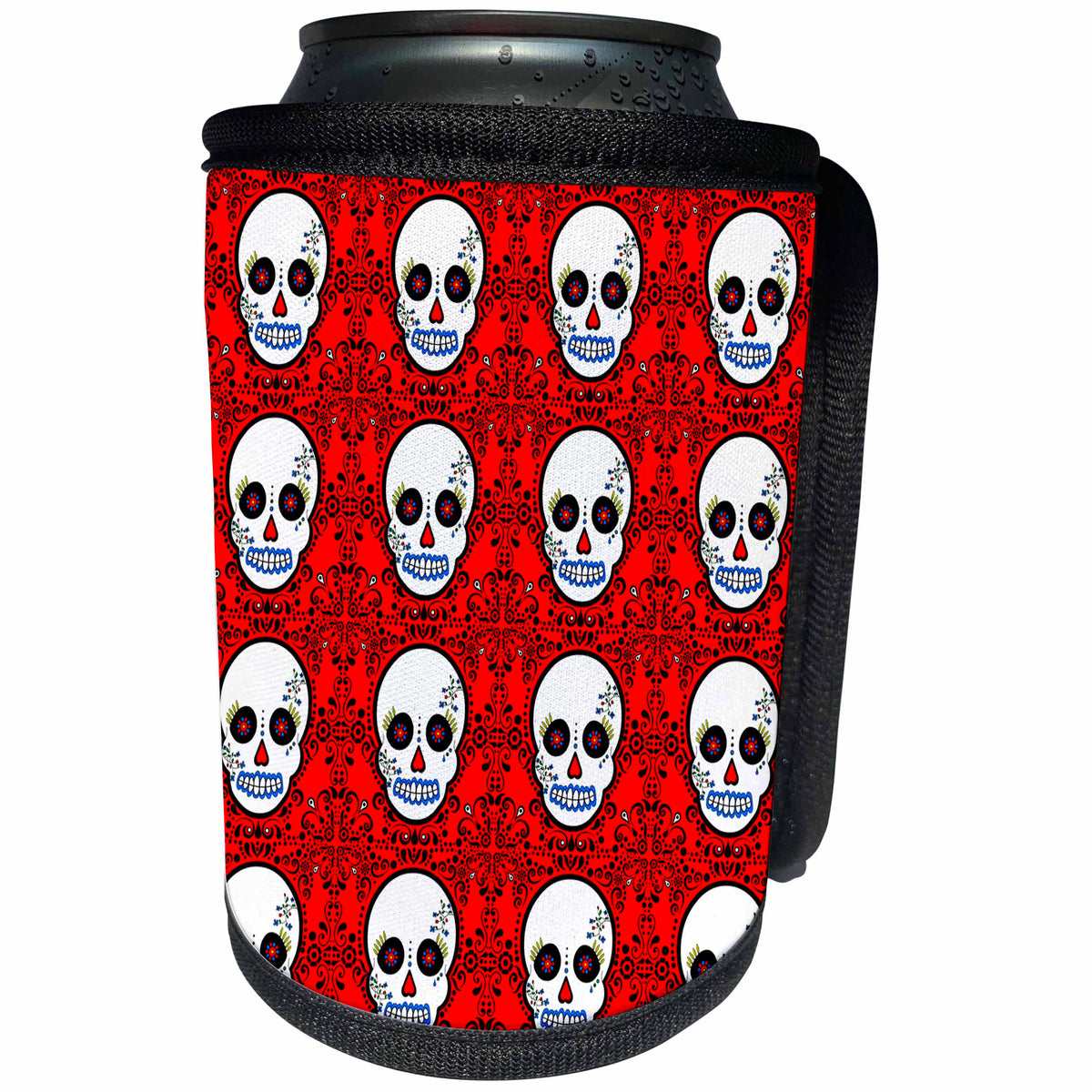 3dRose Janna Salak Designs Day of the Dead - Day of the Dead Skull Día de los Muertos Sugar Skull Print White Red - Can Cooler Bottle Wrap (cc_28883)