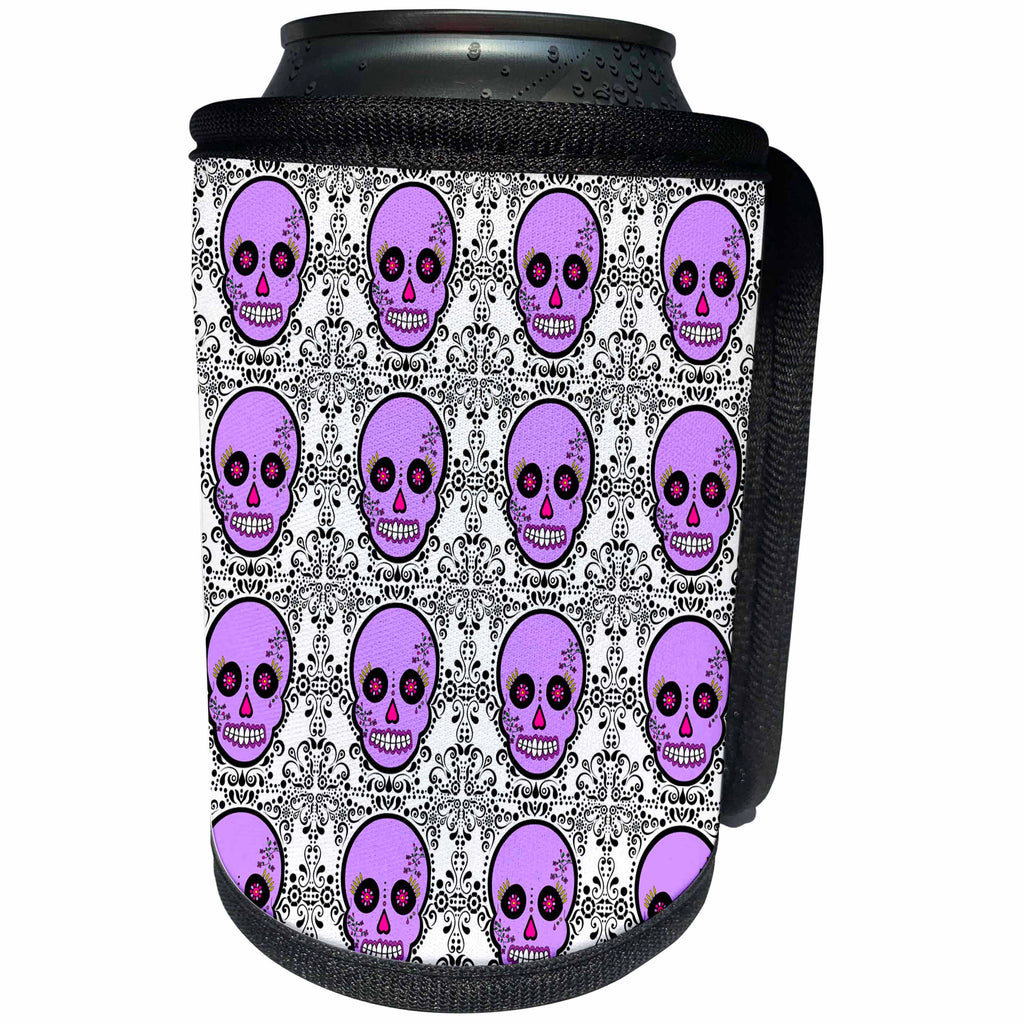 3dRose Janna Salak Designs Day of the Dead - Day of the Dead Skull Día de los Muertos Sugar Skull Print Purple - Can Cooler Bottle Wrap (cc_28884)