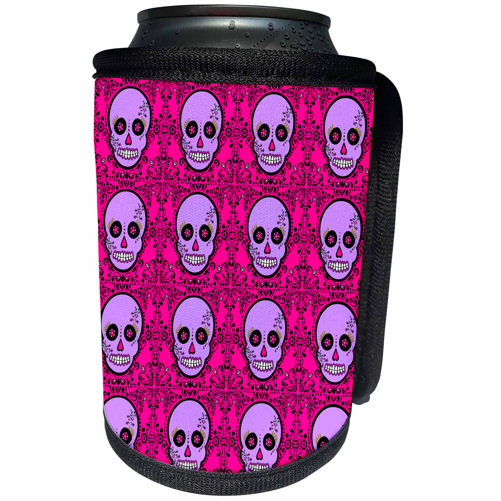 3dRose Janna Salak Designs Day of the Dead - Day of the Dead Skull Día de los Muertos Sugar Skull Print Purple Pink - Can Cooler Bottle Wrap (cc_28885)