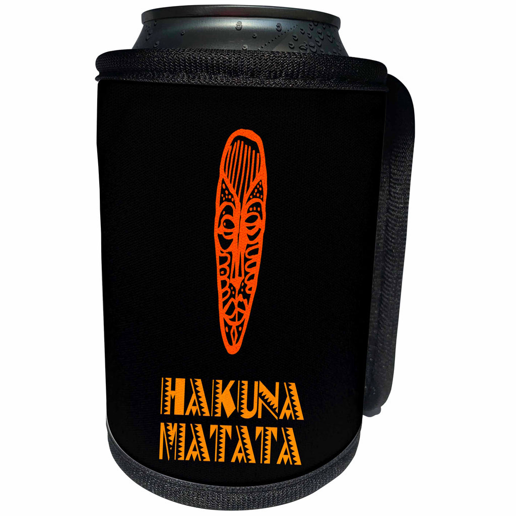 3dRose Alexis Design - Africa in Swahili - Image of African mask and No worries in Swahili on black background - Can Cooler Bottle Wrap (cc_288851)
