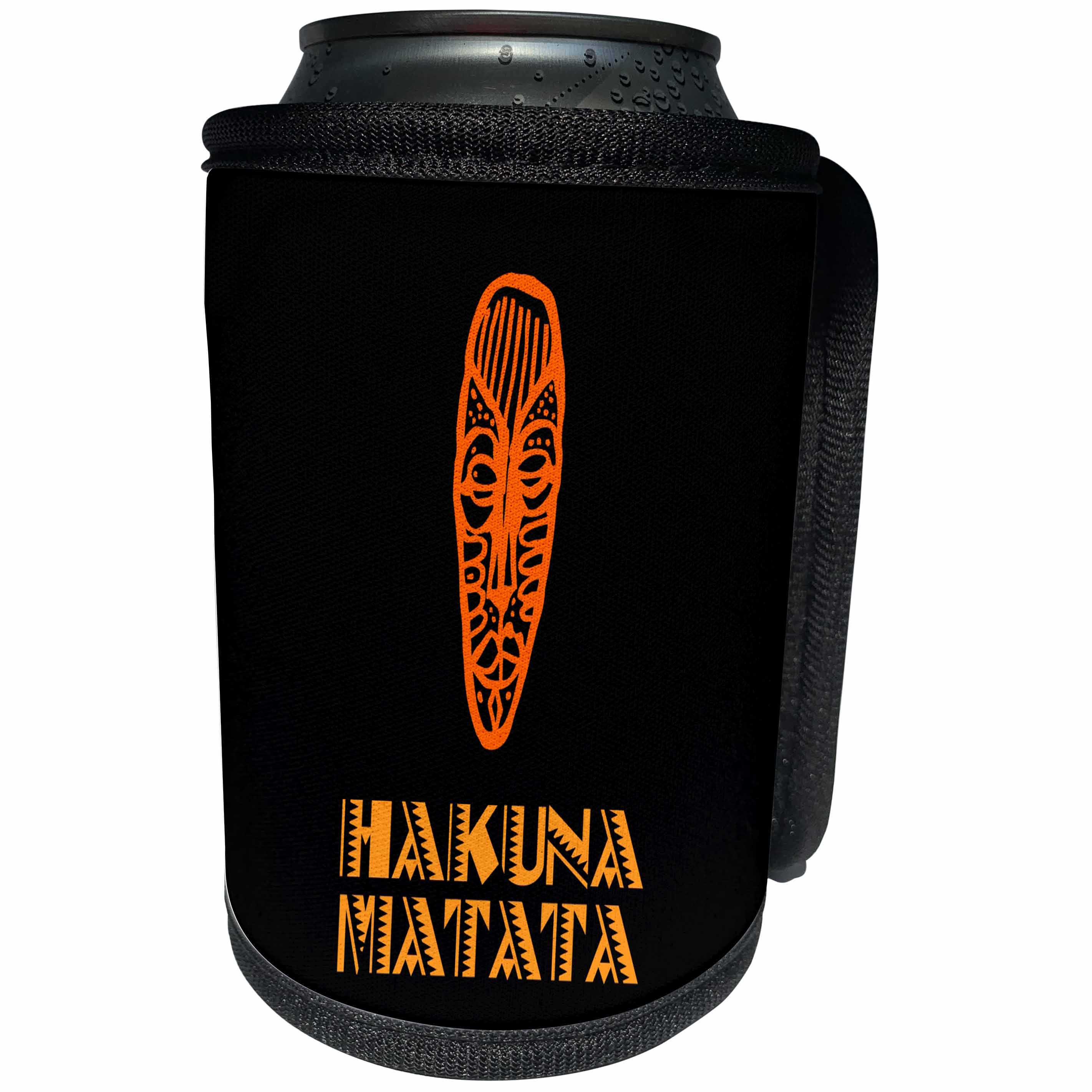 3dRose Alexis Design - Africa in Swahili - Image of African mask and No worries in Swahili on black background - Can Cooler Bottle Wrap (cc_288851)