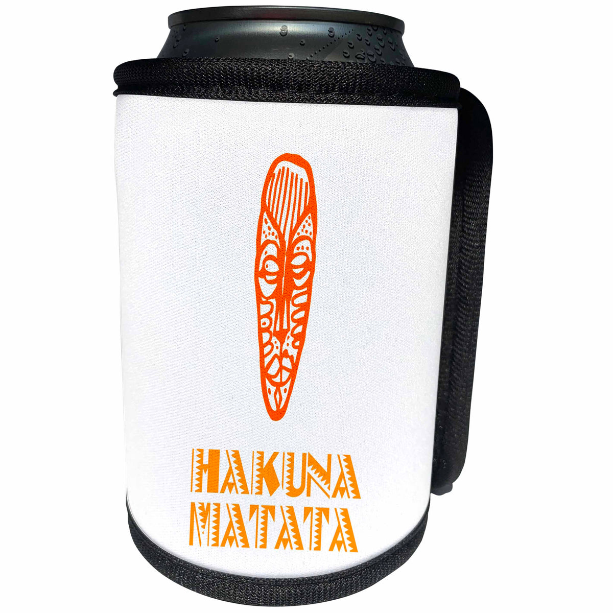 3dRose Alexis Design - Africa in Swahili - Image of African mask and No worries in Swahili on white backdrop - Can Cooler Bottle Wrap (cc_288853)