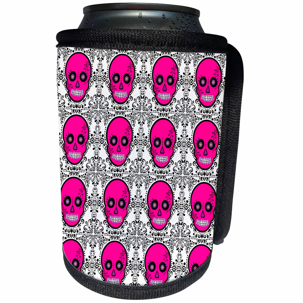 3dRose Janna Salak Designs Day of the Dead - Day of the Dead Skull Día de los Muertos Sugar Skull Print Pink - Can Cooler Bottle Wrap (cc_28886)
