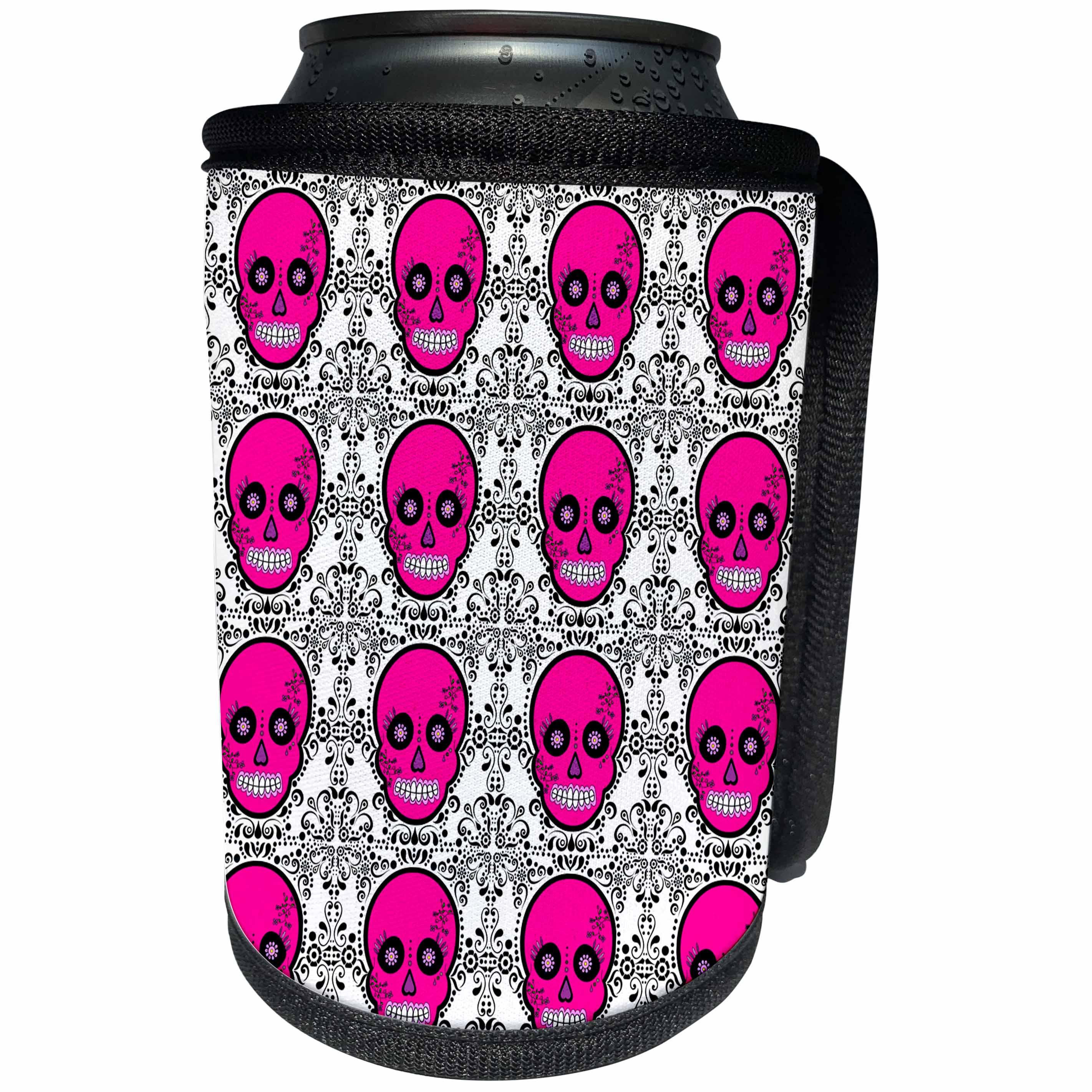3dRose Janna Salak Designs Day of the Dead - Day of the Dead Skull Día de los Muertos Sugar Skull Print Pink - Can Cooler Bottle Wrap (cc_28886)