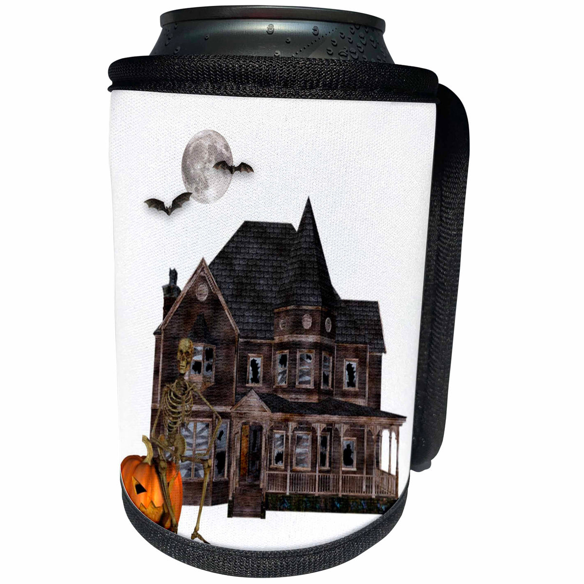 3dRose Renderly Yours Autumn And Halloween - Haunted House With Skeleton Jack O Lantern And Full Moon - Can Cooler Bottle Wrap (cc_28908)