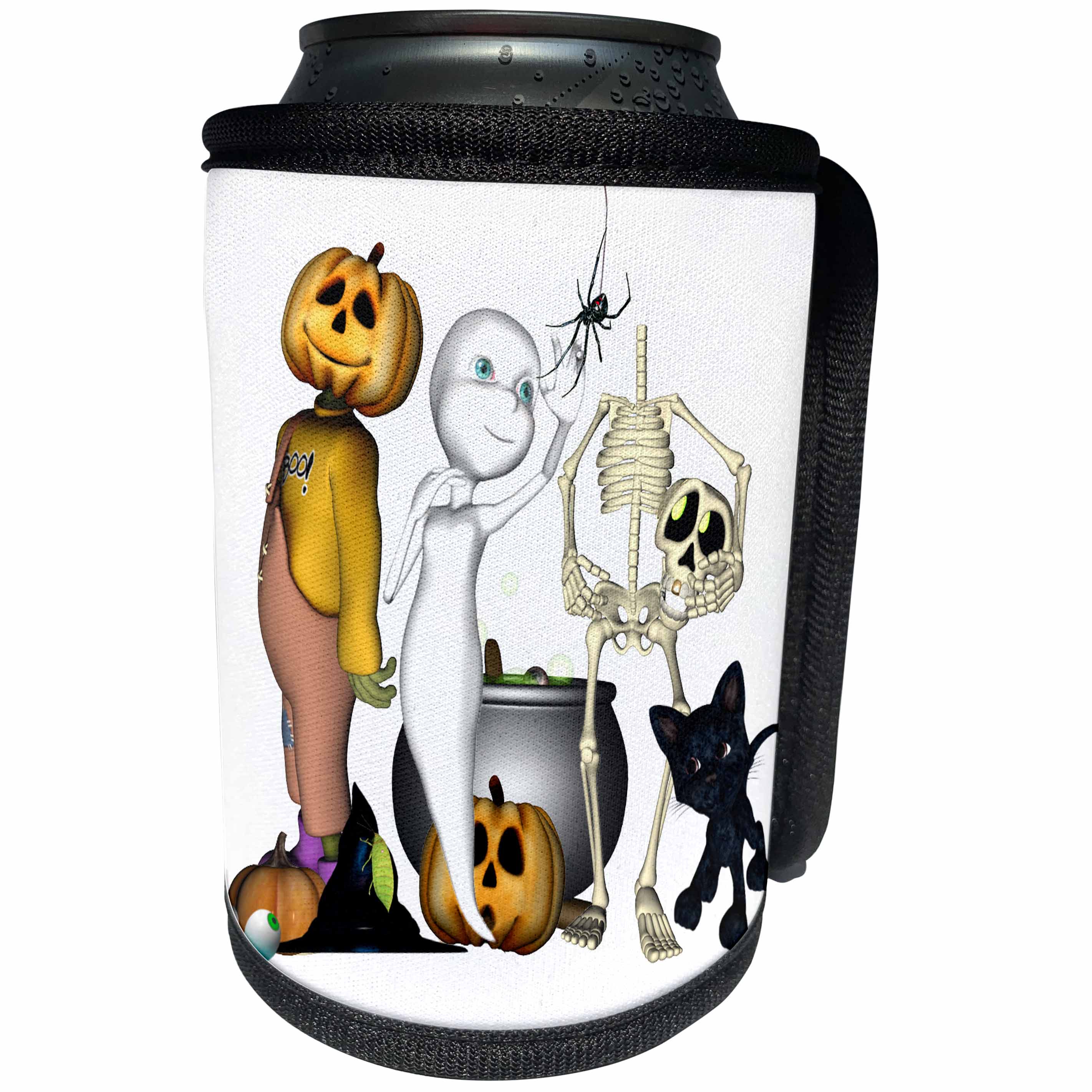 3dRose Renderly Yours Autumn And Halloween - Cute Halloween Toons With Ghost Jack Skeleton And Black Cat - Can Cooler Bottle Wrap (cc_28911)