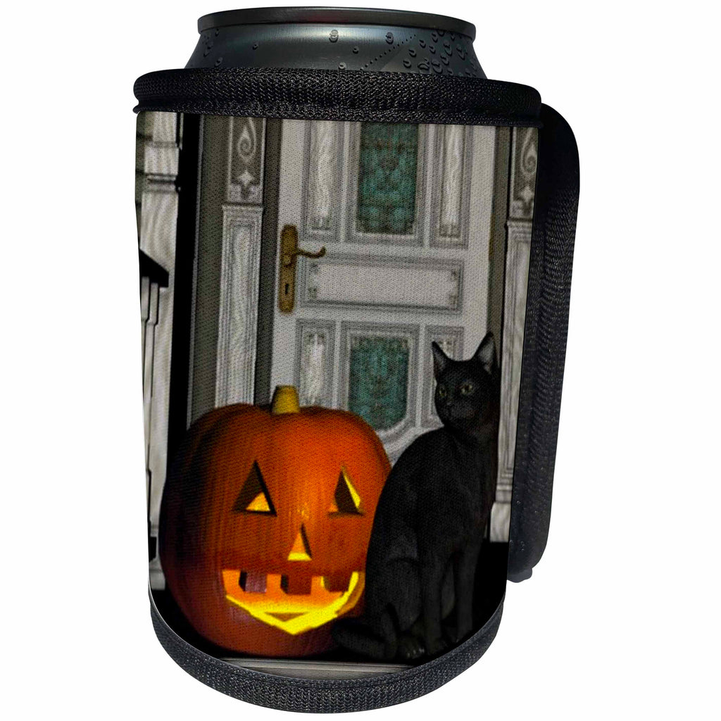 3dRose Renderly Yours Autumn And Halloween - Black Cat With Jack O Lantern - Can Cooler Bottle Wrap (cc_28913)
