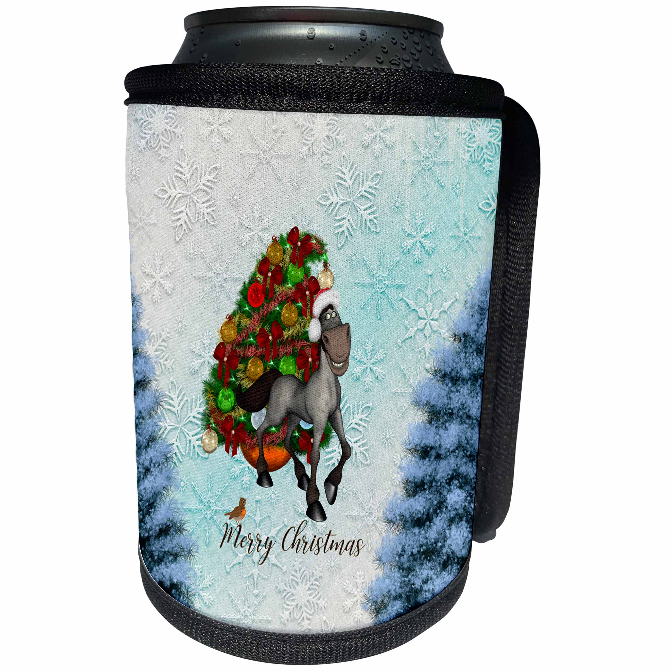 3dRose Heike Köhnen Design Holiday - Christmas funny cartoon horse with christmas tree - Can Cooler Bottle Wrap (cc_289142)