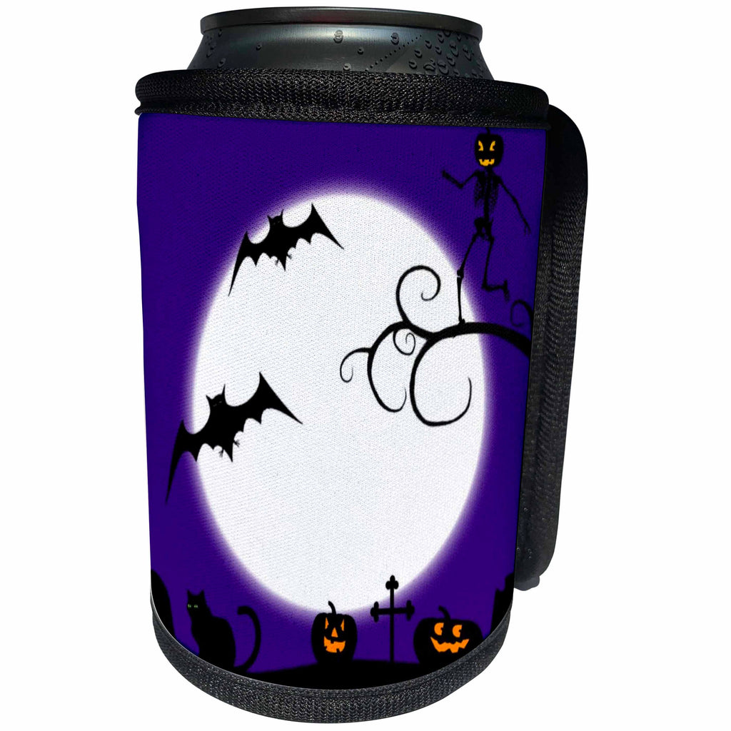 3dRose Renderly Yours Autumn And Halloween - Toon Jack O Lanterns Bats And Cats In Graveyard With Moon - Can Cooler Bottle Wrap (cc_28915)