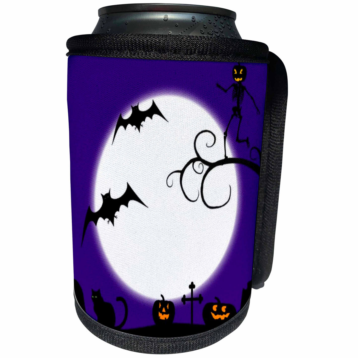 3dRose Renderly Yours Autumn And Halloween - Toon Jack O Lanterns Bats And Cats In Graveyard With Moon - Can Cooler Bottle Wrap (cc_28915)