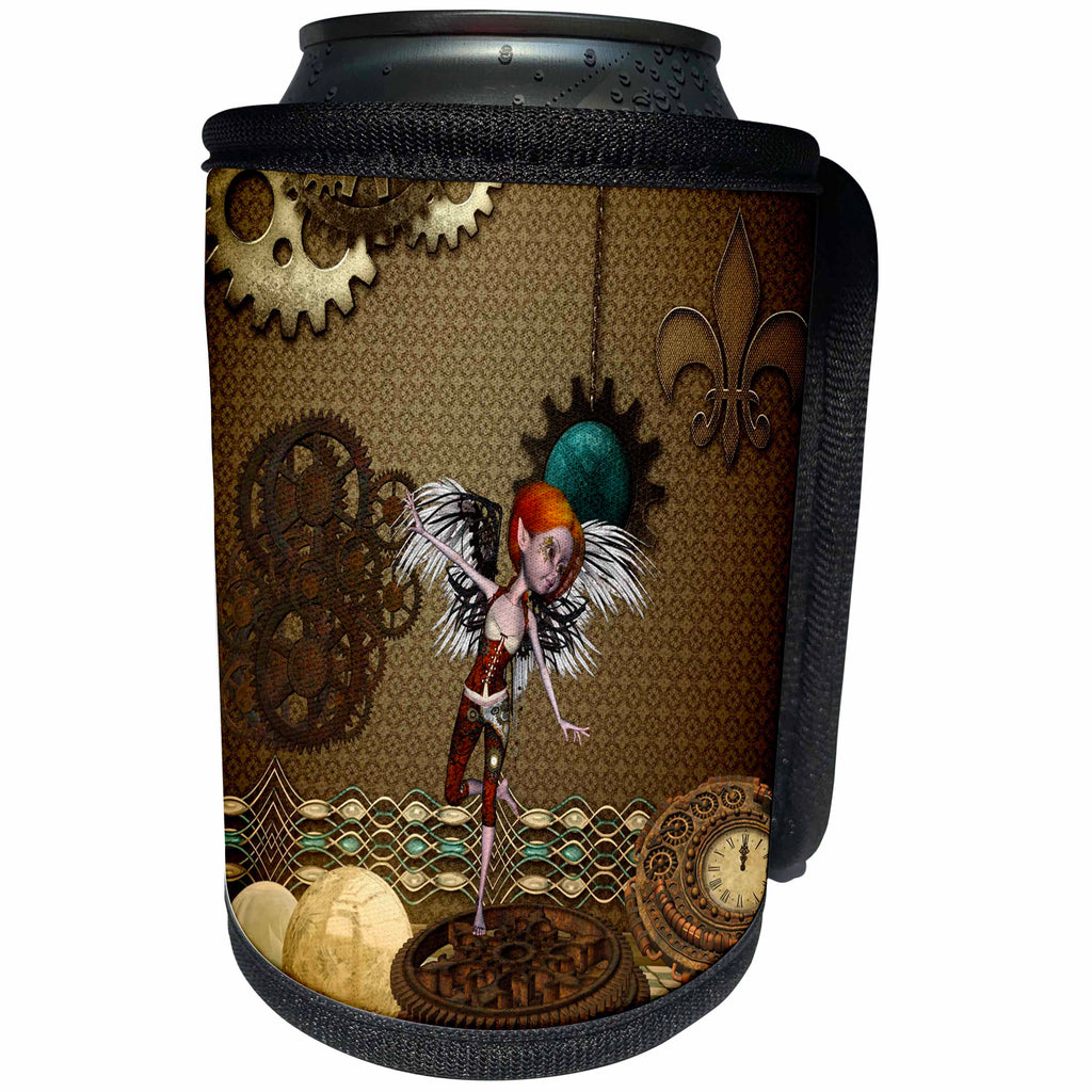3dRose Heike Köhnen Design Steampunk - Little steampunk girl with wings dancing on gears - Can Cooler Bottle Wrap (cc_289157)