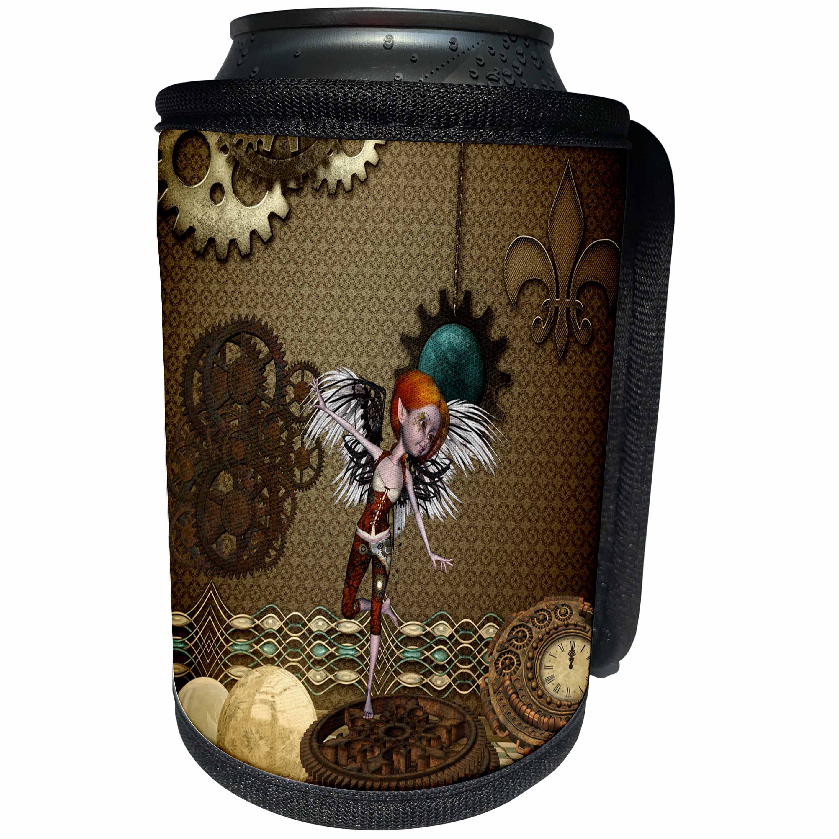 3dRose Heike Köhnen Design Steampunk - Little steampunk girl with wings dancing on gears - Can Cooler Bottle Wrap (cc_289157)