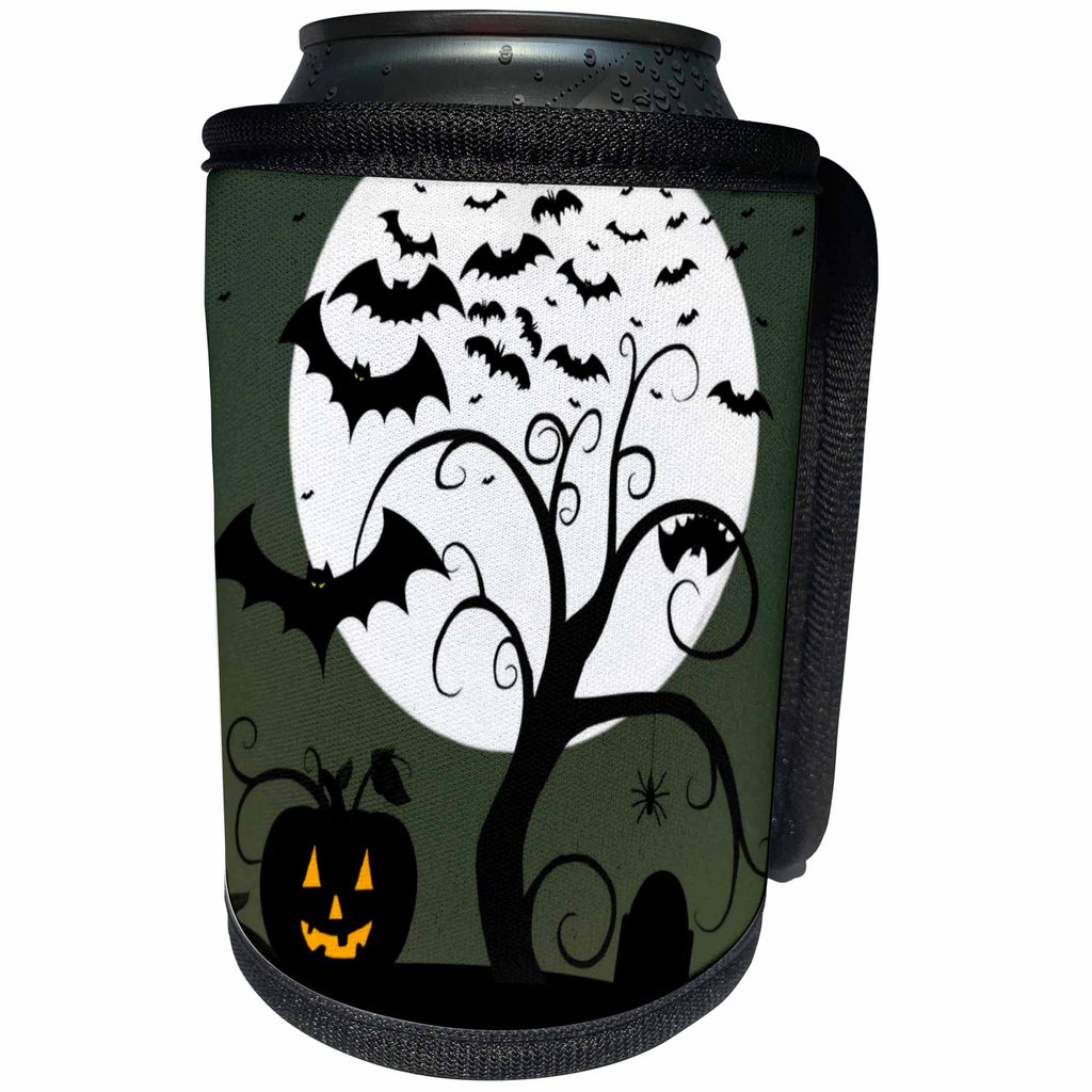3dRose Renderly Yours Autumn And Halloween - Toon Spooky Tree Jack O Lanterns And Bats With Moon - Can Cooler Bottle Wrap (cc_28916)