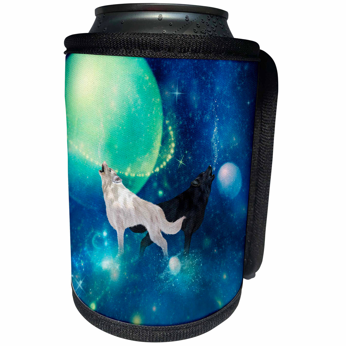 3dRose Heike Köhnen Design Animal - Black and white wolf in the universe - Can Cooler Bottle Wrap (cc_289163)