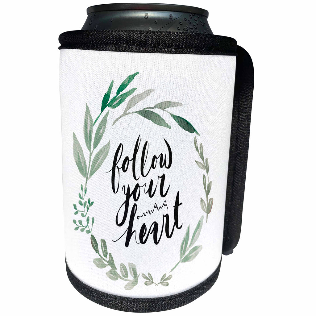 3dRose Anis Illustration-Quote - Follow your heart quote with eucalyptus wreath - Can Cooler Bottle Wrap (cc_289173)
