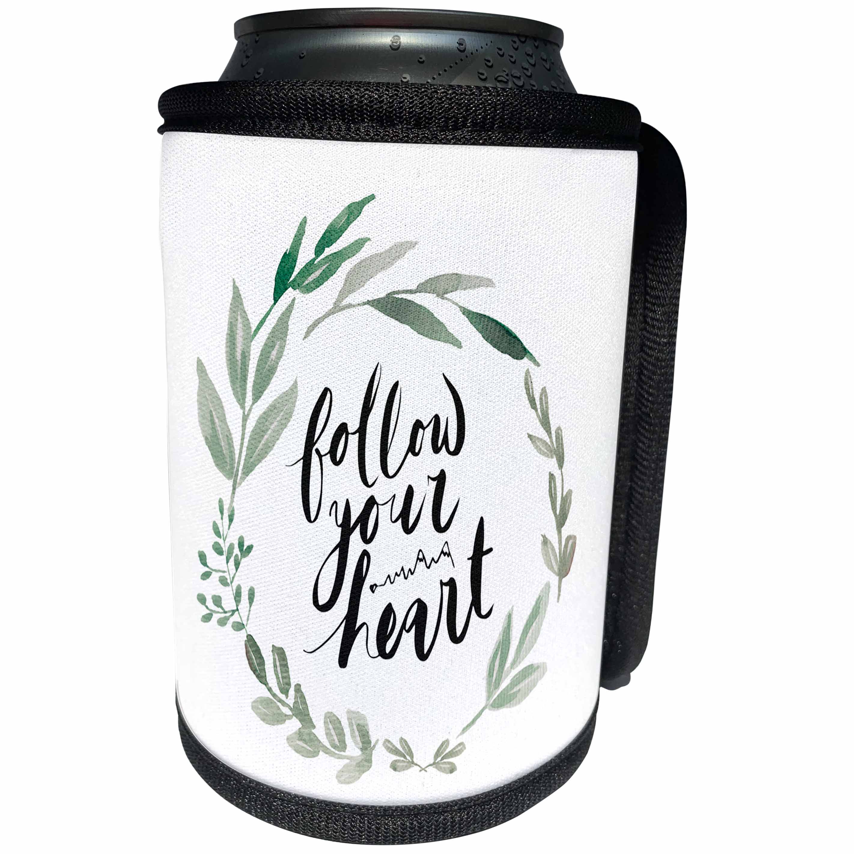 3dRose Anis Illustration-Quote - Follow your heart quote with eucalyptus wreath - Can Cooler Bottle Wrap (cc_289173)