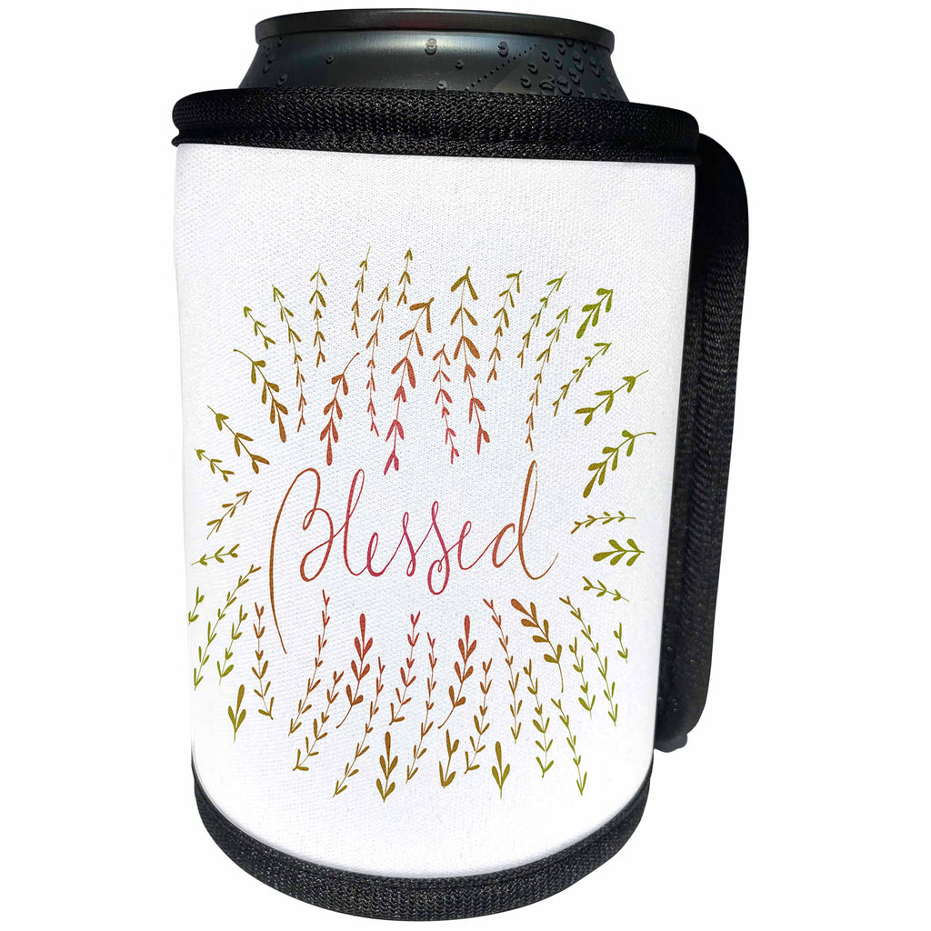 3dRose Anis Illustration-Quote - Blessed lettering with leaves - Can Cooler Bottle Wrap (cc_289177)