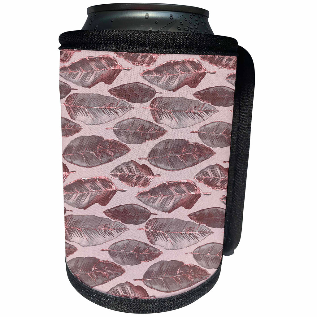 3dRose Andrea Haase Allover Pattern - Rose Gold Feather Pattern With Pink Outline - Can Cooler Bottle Wrap (cc_289389)