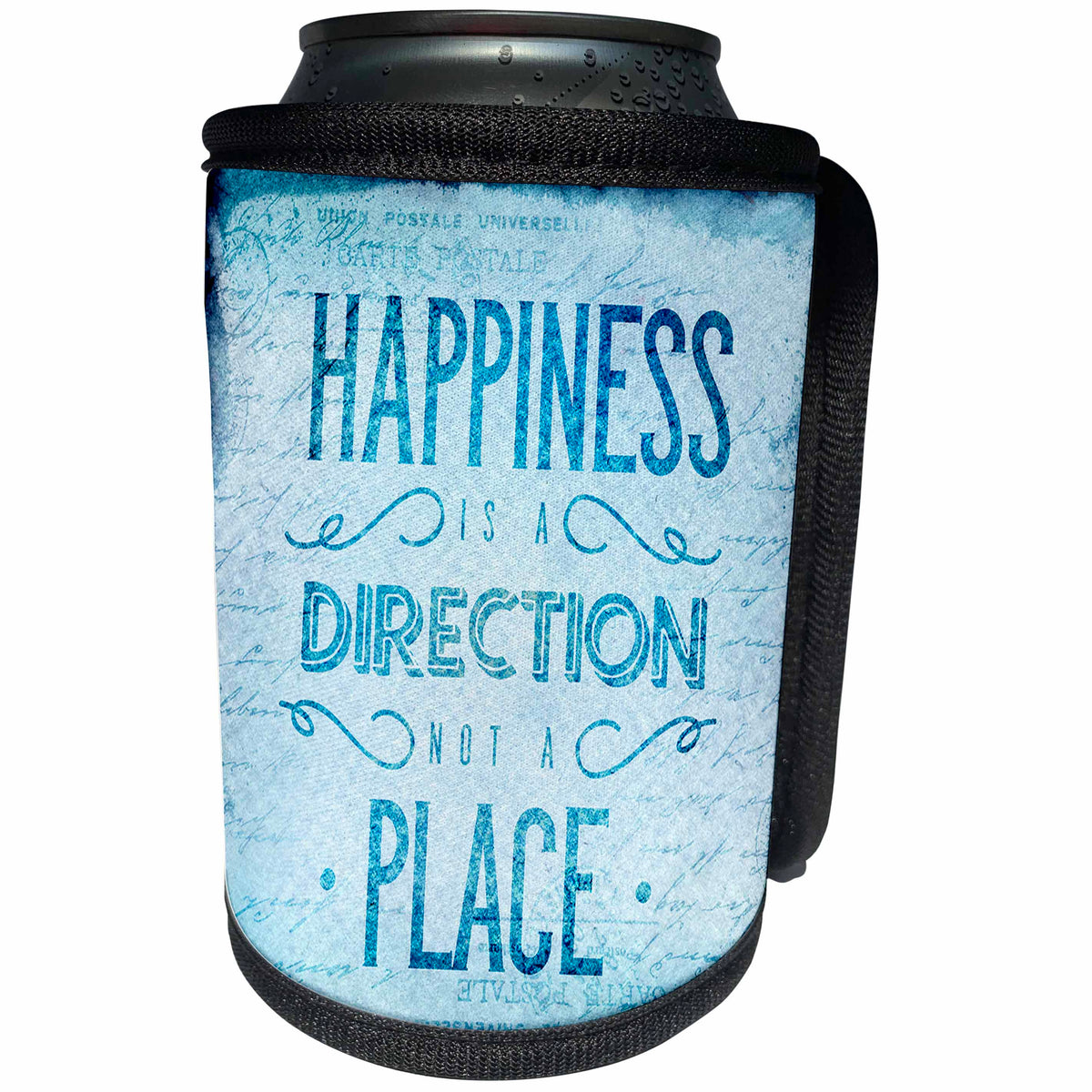 3dRose Andrea Haase Inspirational Typography - Blue Happiness Is A Direction Not A Place Inspirational Quote - Can Cooler Bottle Wrap (cc_289425)