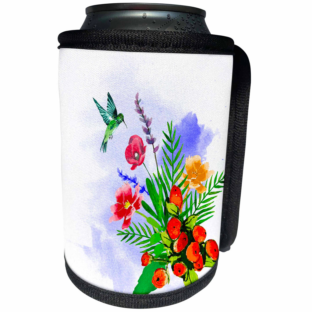 3dRose Amar Singha Art - Watercolor Bird - A Bush Of Flowers With Flying Bird - Can Cooler Bottle Wrap (cc_289509)