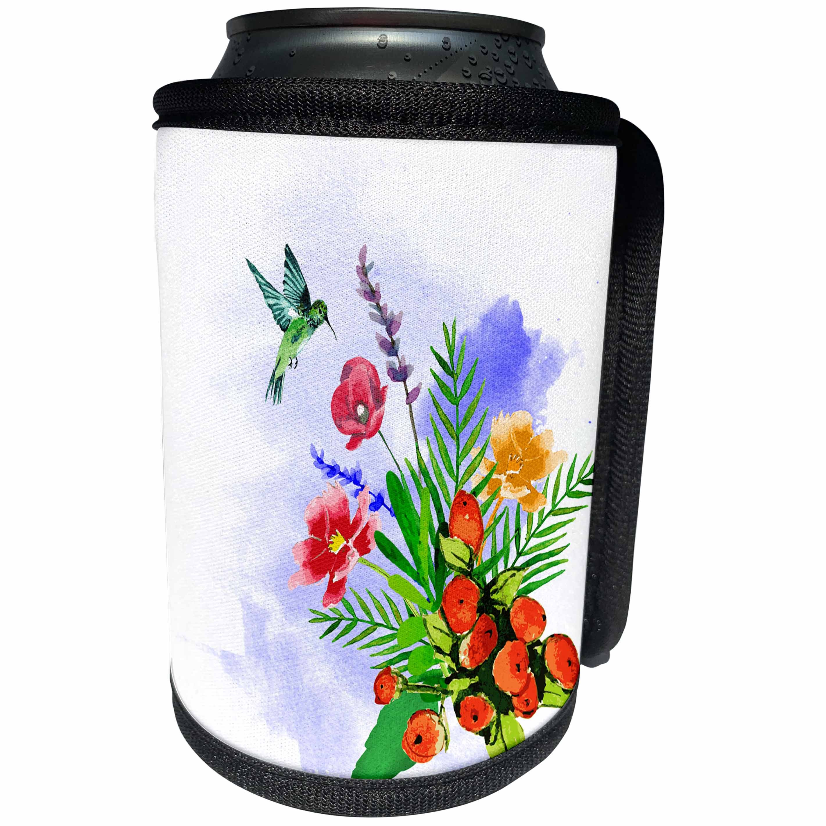 3dRose Amar Singha Art - Watercolor Bird - A Bush Of Flowers With Flying Bird - Can Cooler Bottle Wrap (cc_289509)