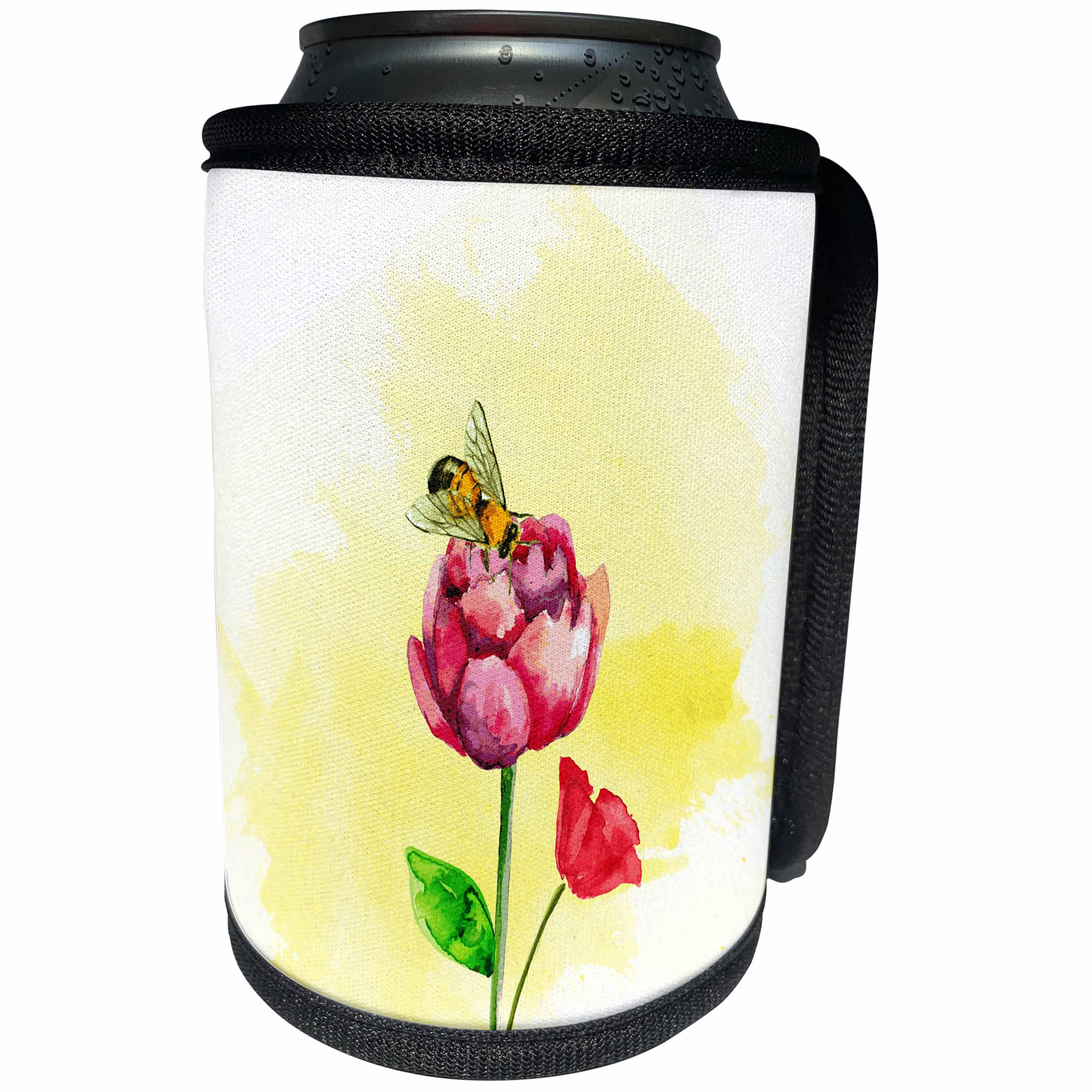 3dRose Amar Singha Art - Watercolor Flower - A Tulip Flower With Bee - Can Cooler Bottle Wrap (cc_289518)
