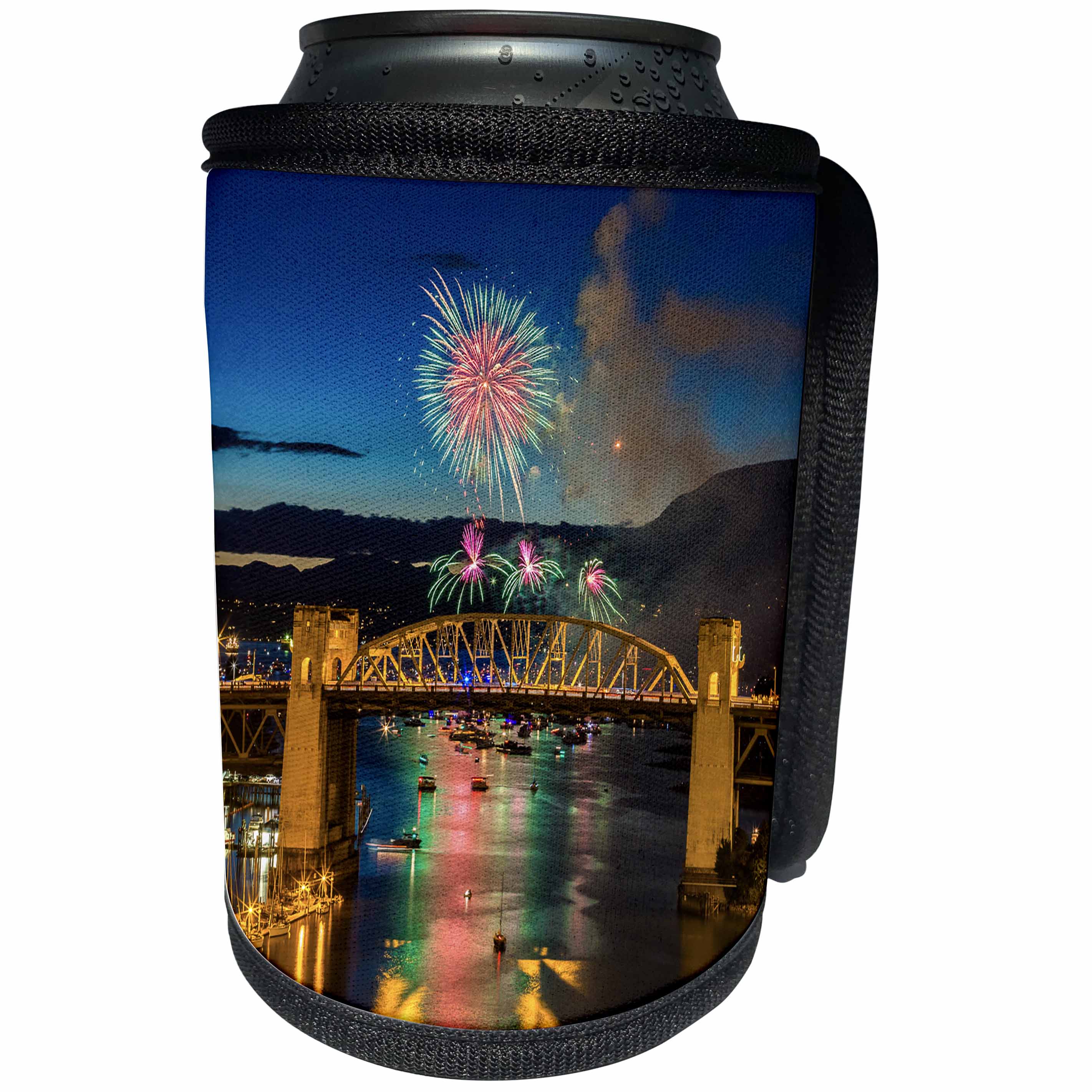 3dRose Elysium Photography - Fireworks - Fireworks over Burrard St. Bridge, Vancouver, British Columbia - Can Cooler Bottle Wrap (cc_289574)