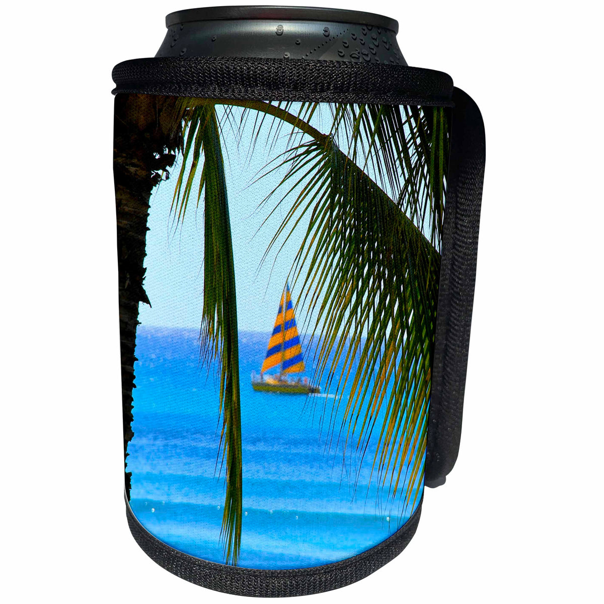 3dRose Elysium Photography - Seascape - Sailboat through palm fronds, Honolulu, Hawaii - Can Cooler Bottle Wrap (cc_289621)