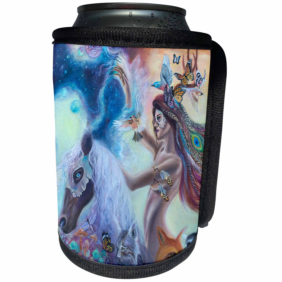 3dRose Erica Wexler - Woman and Animals - Spiritual Warrior Woman On A Horse With Her Pack Of Animals - Can Cooler Bottle Wrap (cc_289647)