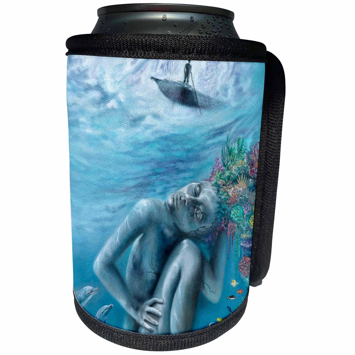 3dRose Erica Wexler - Ocean - Underwater Statue With Dolphin Friends - Can Cooler Bottle Wrap (cc_289649)