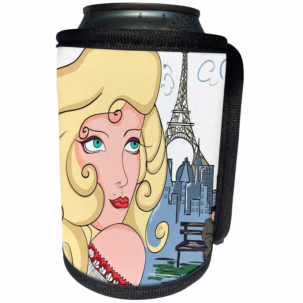 3dRose TNMGraphics Travel - The Blond and the Eiffel Tower - Can Cooler Bottle Wrap (cc_28972)
