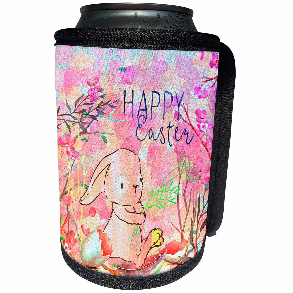 3dRose Uta Naumann Sayings and Typography - Pink Little Spring Bunny Animal Illustration - Happy Easter - Can Cooler Bottle Wrap (cc_289845)