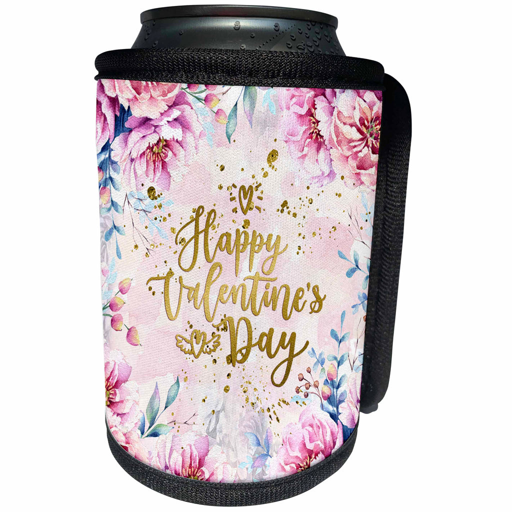 3dRose Uta Naumann Sayings and Typography - Pink Artprint Flower Frame Gold Typography - Happy Valentines Day - Can Cooler Bottle Wrap (cc_289848)