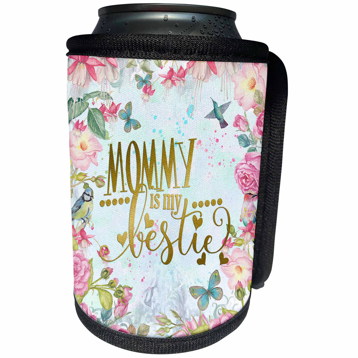 3dRose Uta Naumann Sayings and Typography - Blue Artprint Flower Frame Gold Typography - Mommy Is My Bestie - Can Cooler Bottle Wrap (cc_289851)