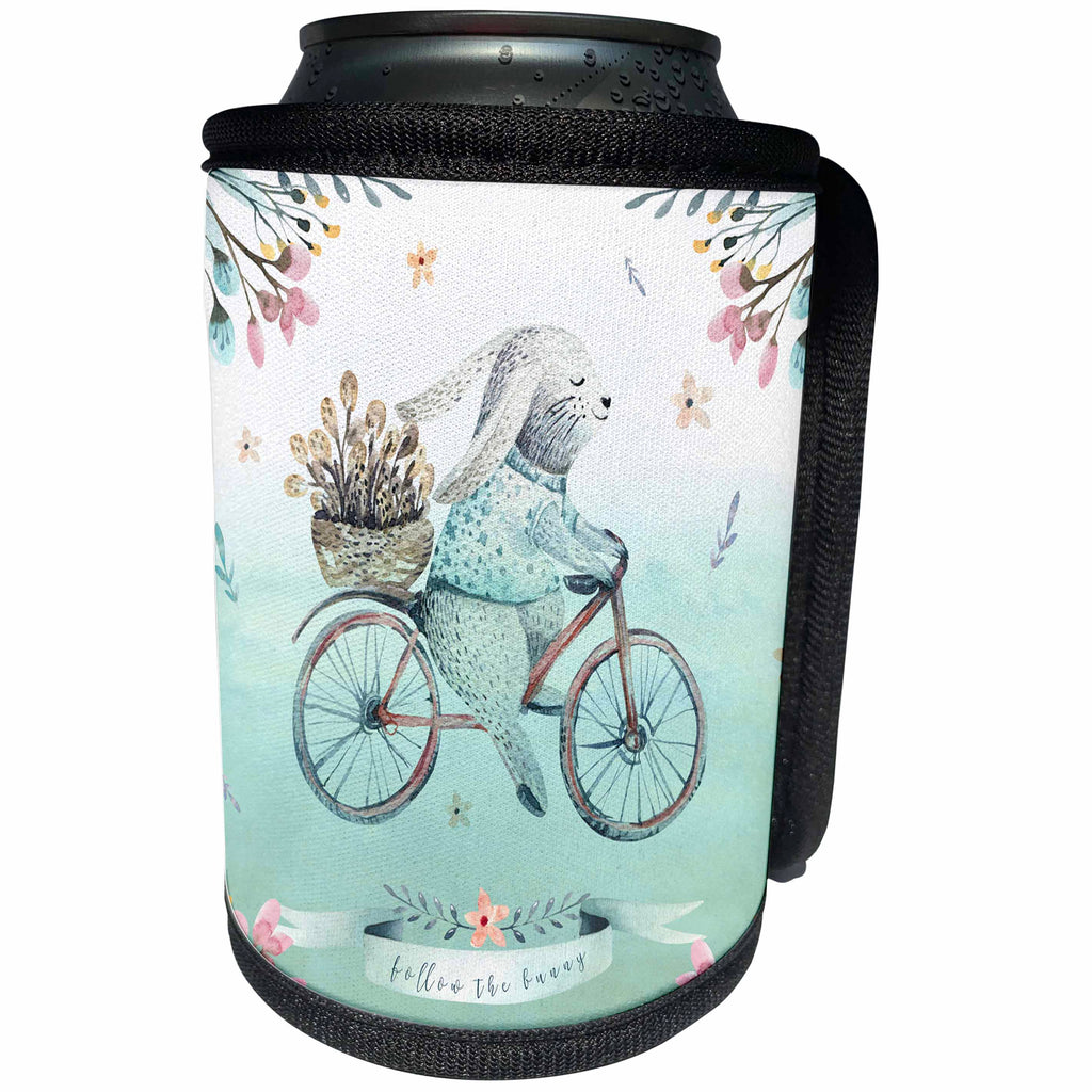 3dRose Uta Naumann Sayings and Typography - Blue Easter Biking Bunny Animal Illustration - Follow the Bunny - Can Cooler Bottle Wrap (cc_289856)