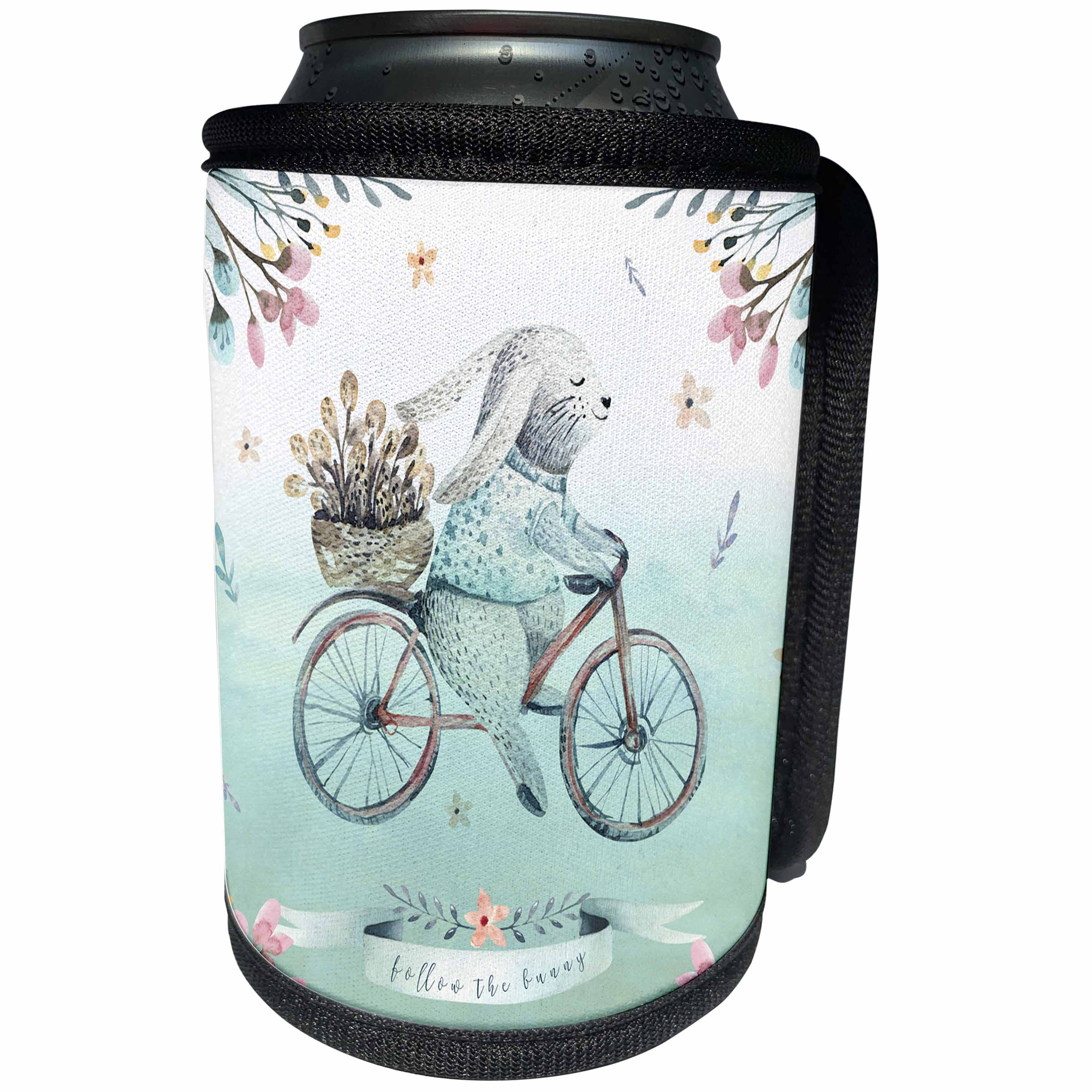 3dRose Uta Naumann Sayings and Typography - Blue Easter Biking Bunny Animal Illustration - Follow the Bunny - Can Cooler Bottle Wrap (cc_289856)