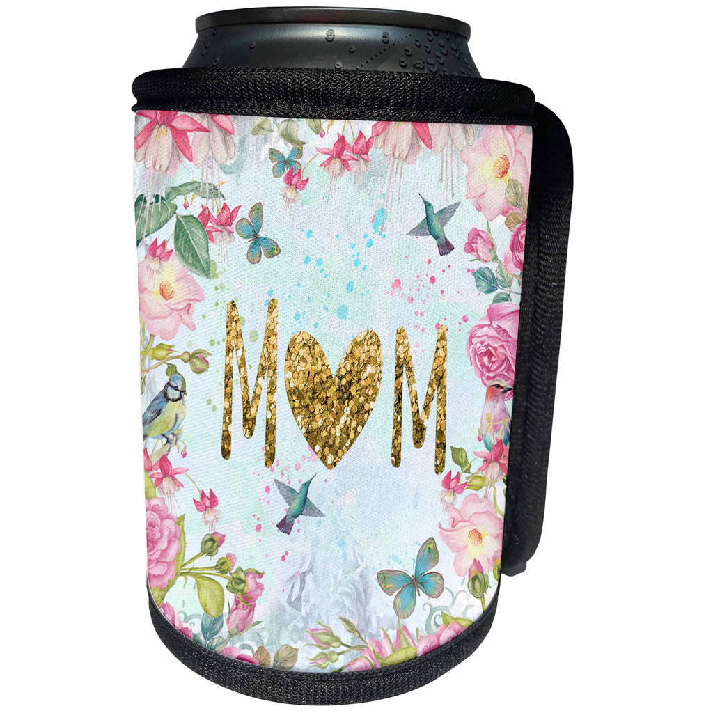 3dRose Uta Naumann Sayings and Typography - Blue and Pink Artprint Flower Frame Gold Glitter Typography - MUM - Can Cooler Bottle Wrap (cc_289865)