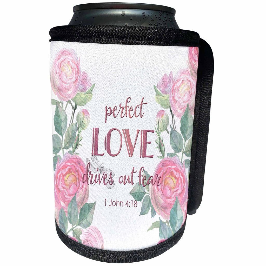 3dRose Uta Naumann Sayings and Typography - Watercolor Pink Roses and Bible Typography - Perfect Love Drives You - Can Cooler Bottle Wrap (cc_289867)