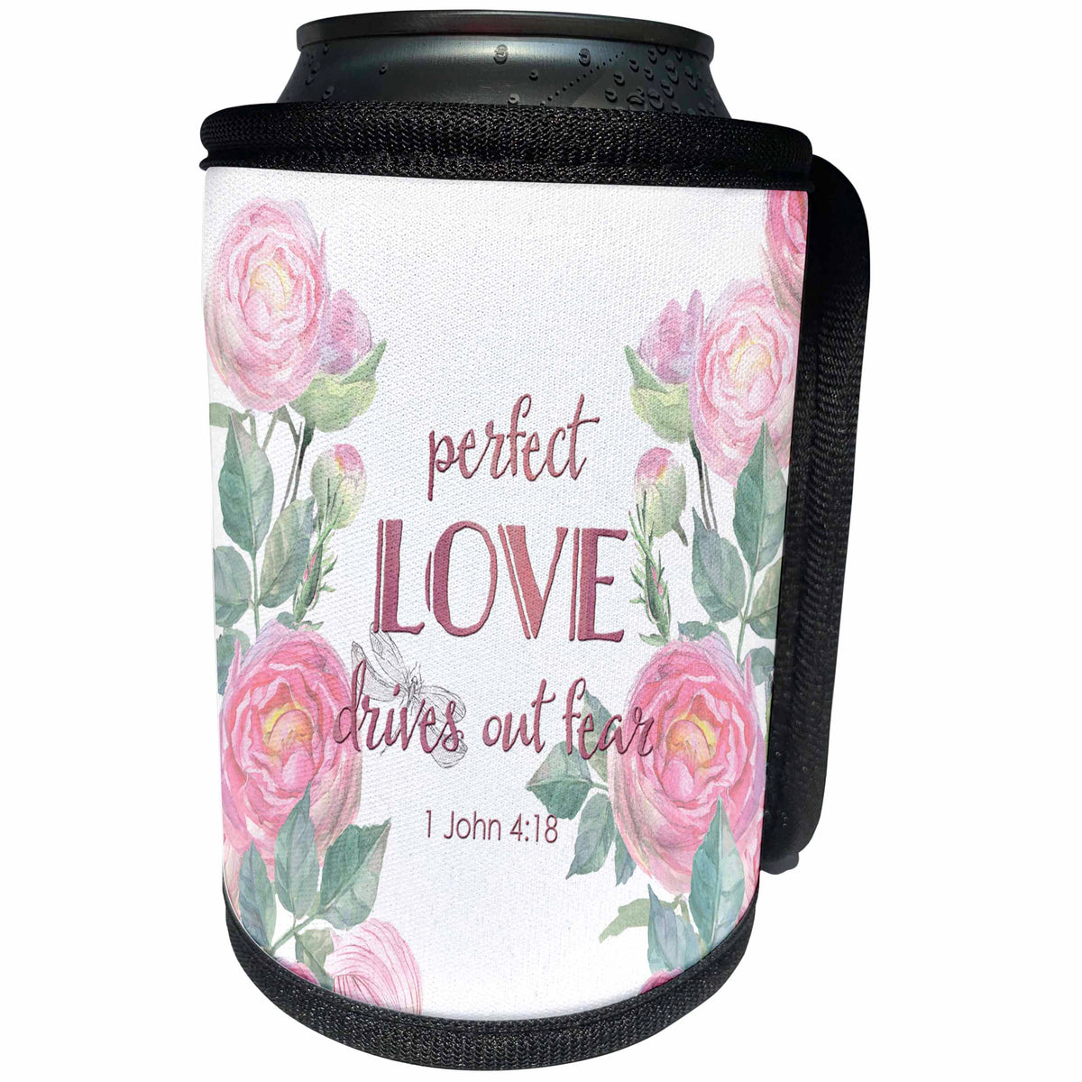 3dRose Uta Naumann Sayings and Typography - Watercolor Pink Roses and Bible Typography - Perfect Love Drives You - Can Cooler Bottle Wrap (cc_289867)
