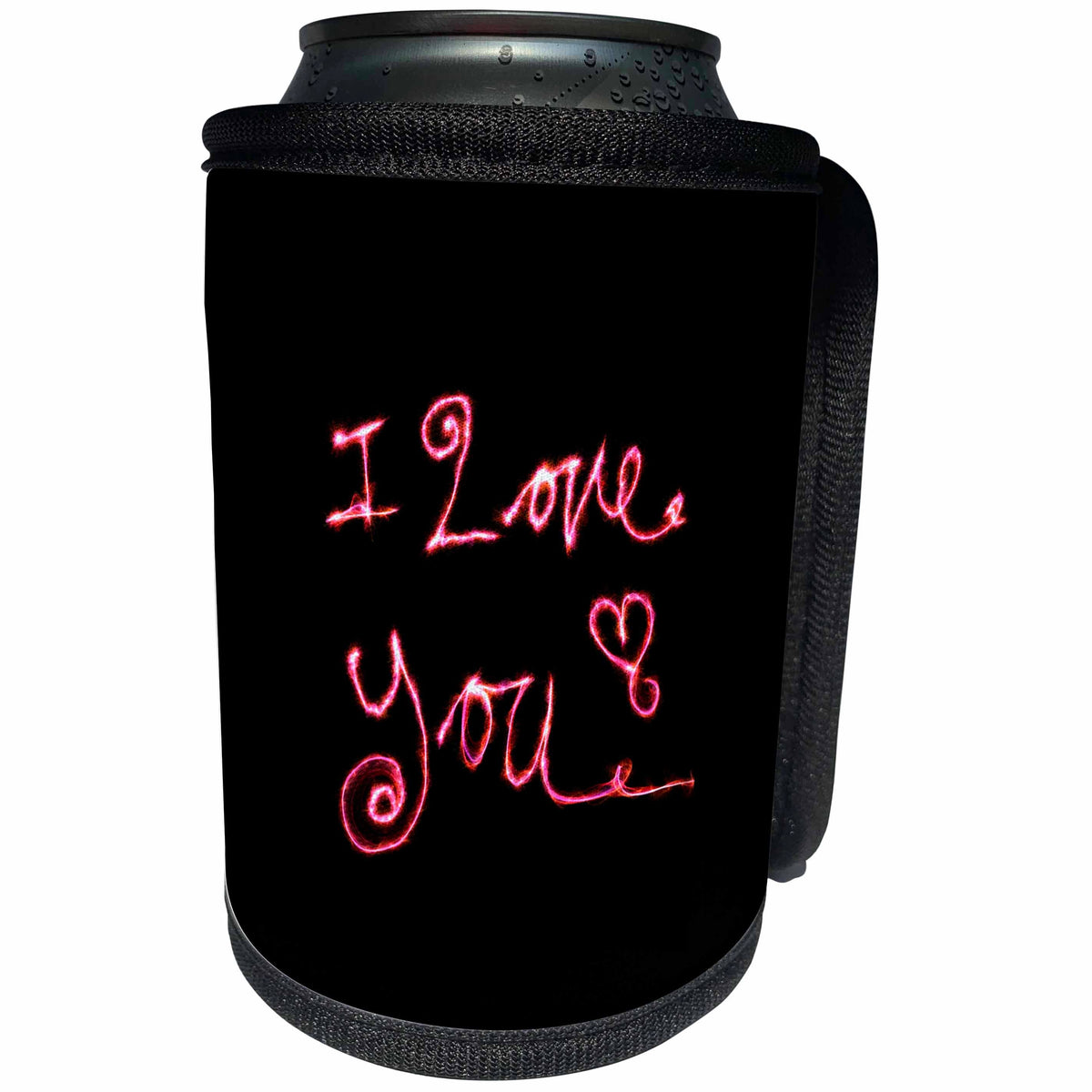 3dRose Uta Naumann Sayings and Typography - Pink Shiny Modern Neon Typography on Black - I Love You - Can Cooler Bottle Wrap (cc_289873)