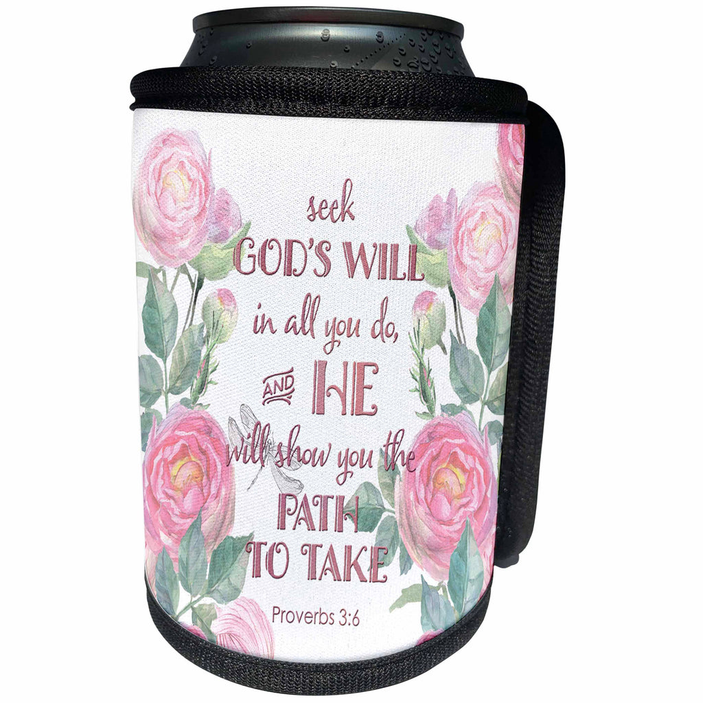 3dRose Uta Naumann Sayings and Typography - Watercolor Pink Roses and Bible Typography - Seek Gods Will in All - Can Cooler Bottle Wrap (cc_289877)