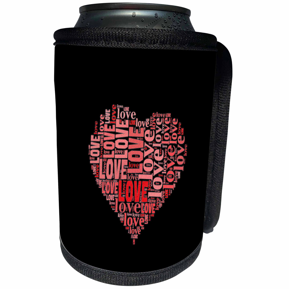 3dRose Uta Naumann Sayings and Typography - Love - Trendy Modern Abstract Wordcloud Heart Typography on Black - Can Cooler Bottle Wrap (cc_289888)