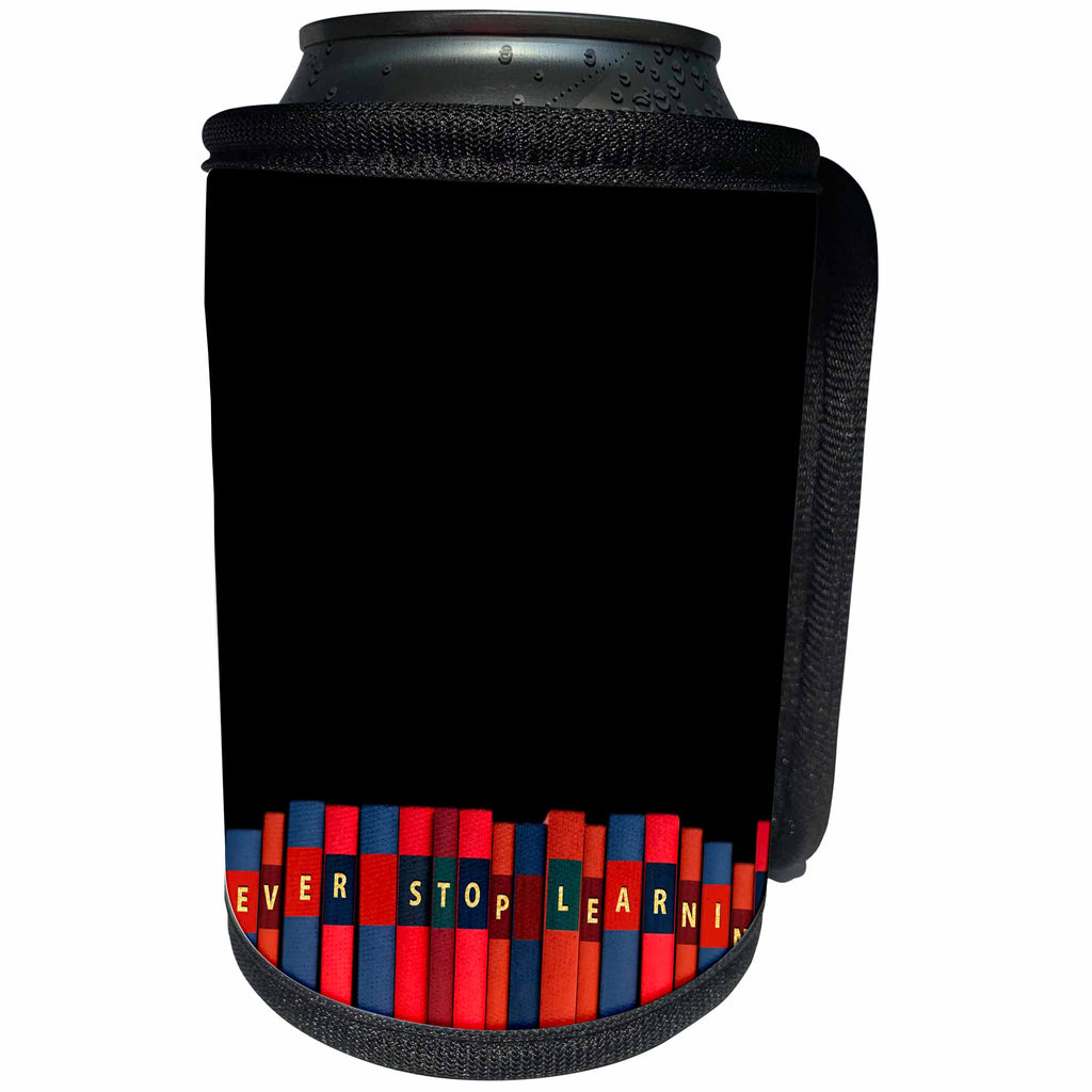 3dRose Uta Naumann Sayings and Typography - Never Stop Learning - Colorful Book Typography Illustration on Black - Can Cooler Bottle Wrap (cc_289898)