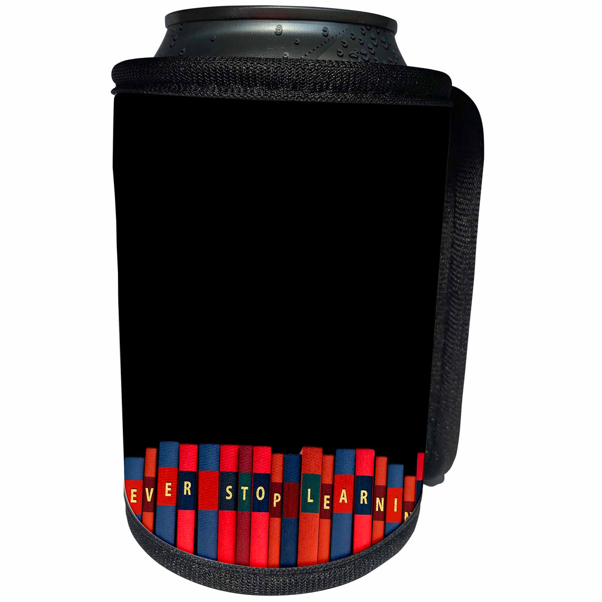 3dRose Uta Naumann Sayings and Typography - Never Stop Learning - Colorful Book Typography Illustration on Black - Can Cooler Bottle Wrap (cc_289898)