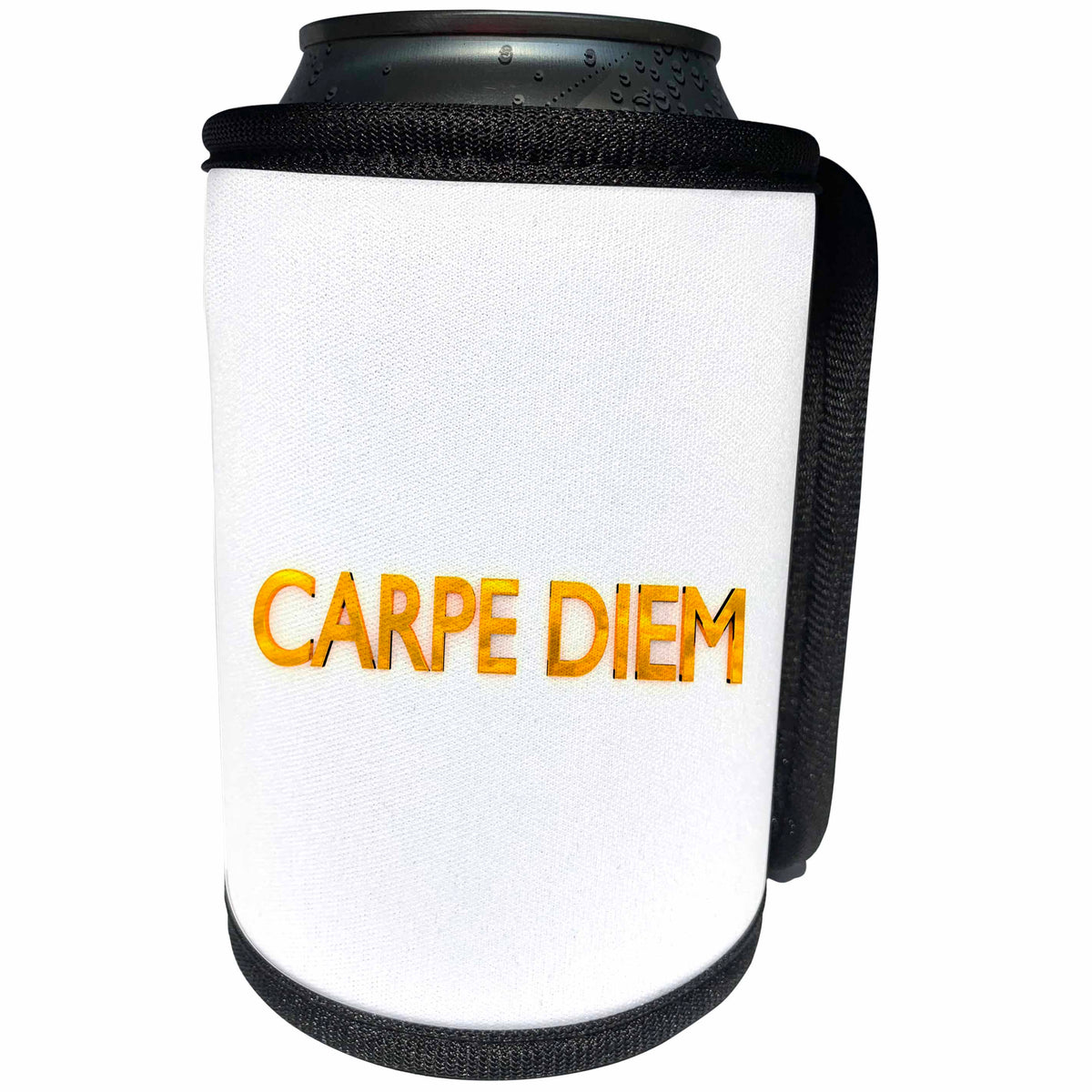 3dRose Uta Naumann Sayings and Typography - Carpe Diem - Trendy Gold Letter Typography on White Artprint - Can Cooler Bottle Wrap (cc_289899)