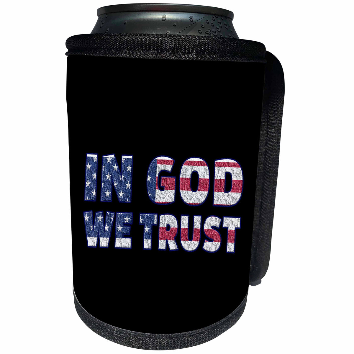 3dRose Uta Naumann Flags of the World - USA Patriotic Typography - In God We Trust - On Black - Can Cooler Bottle Wrap (cc_289916)
