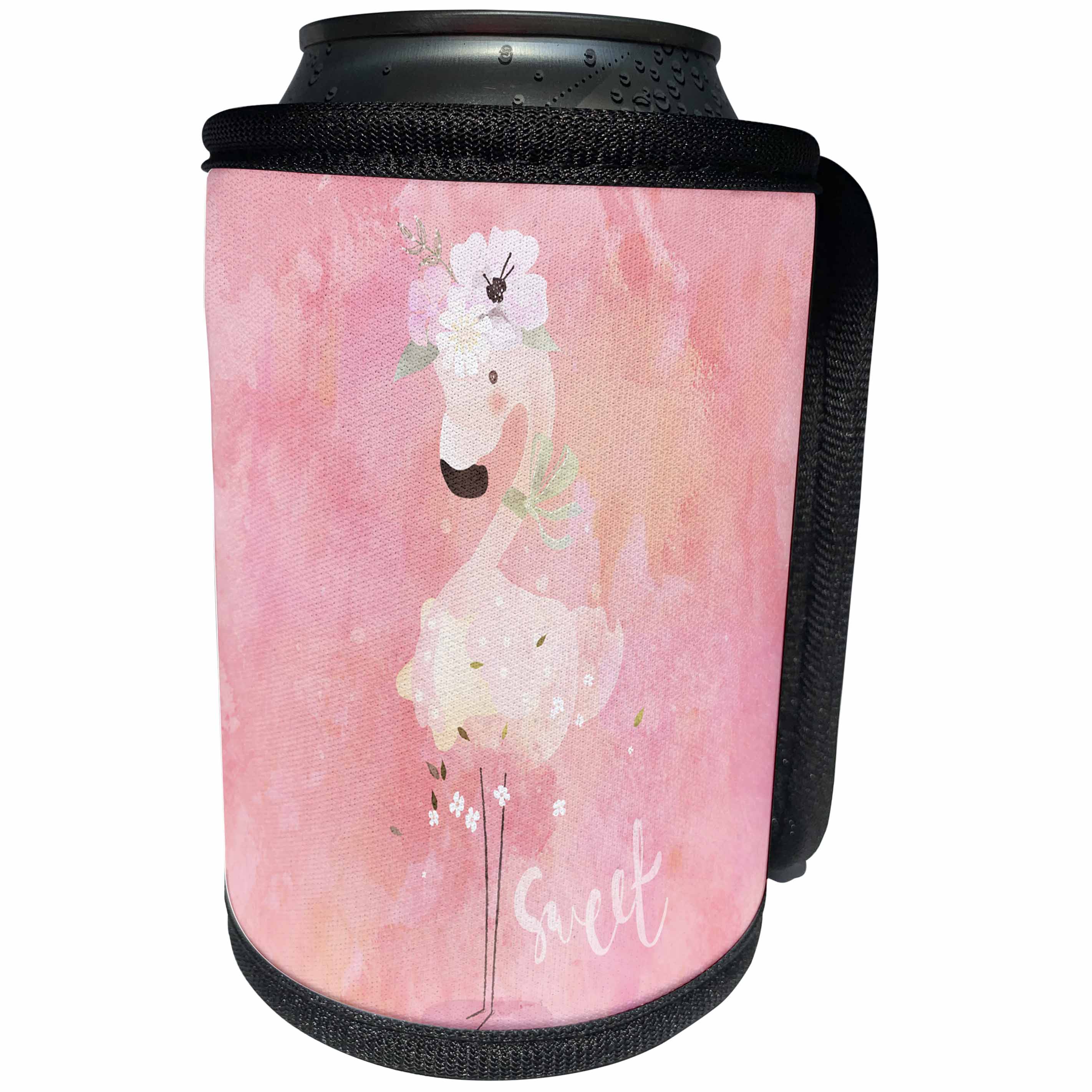 3dRose Uta Naumann Sayings and Typography - Cute Pink Children Watercolor Illustration - Flower Flamingo - Sweet - Can Cooler Bottle Wrap (cc_289922)