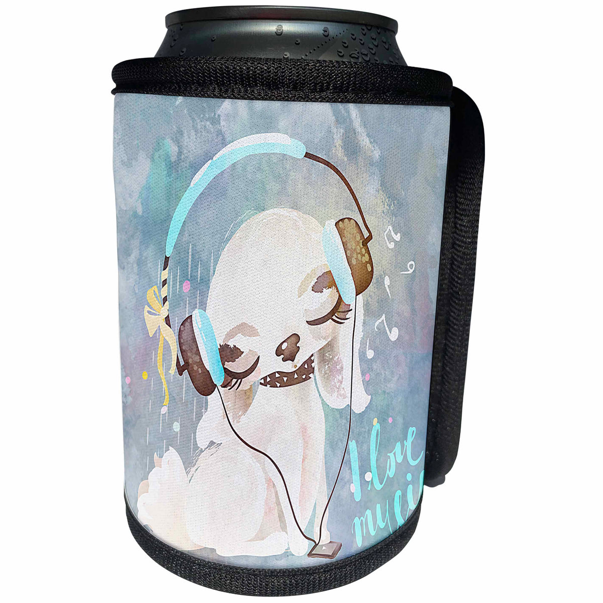 3dRose Uta Naumann Sayings and Typography - Cute Teal Watercolor Animal Illustration - Bunny - I Love Music - Can Cooler Bottle Wrap (cc_289949)