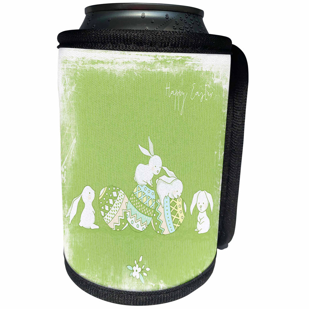 3dRose Uta Naumann Sayings and Typography - Cute Framed Green Watercolor Animal Illustration - Bunny- Happy Easter - Can Cooler Bottle Wrap (cc_289950)